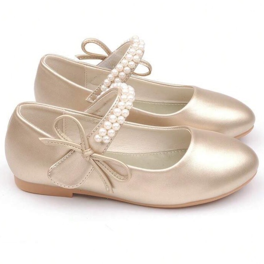 Caiwenniao Girls Gold Pearl Mary Jane Flats Dress Shoes Bow EUR 29 US 12 NEW
